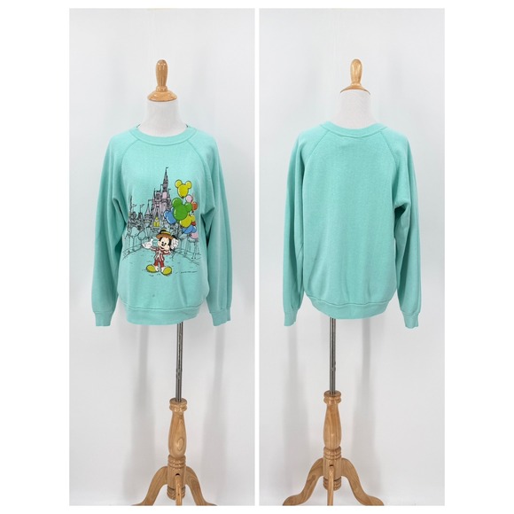Tultex Tops - VINTAGE DISNEY Sweatshirt Large Teal Mickey Mouse Castle Balloons Crew Tultex